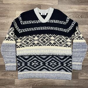 Vintage Q&A Acrylic Knit Sweater Men’s Medium Fair Isle Geometric Nordic V Neck